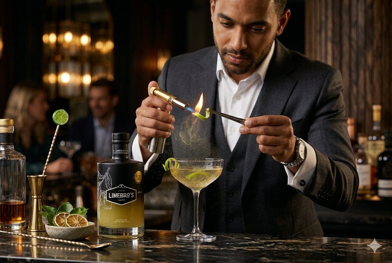 Lime Bro's Superiore Limoncello in een premium restaurantomgeving